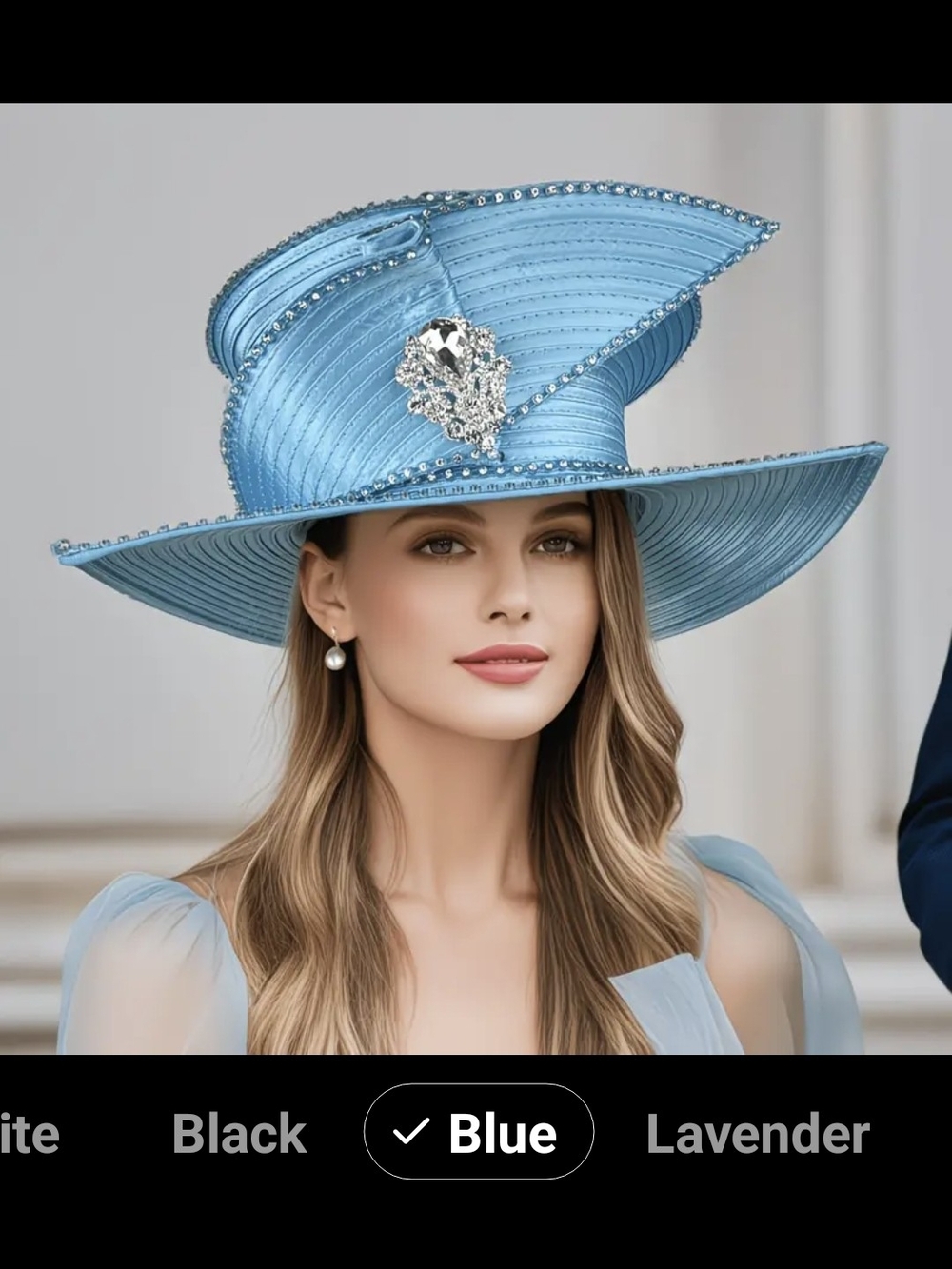 Elegant Blue Wide-Brim Dress Hat with Crystal Brooch